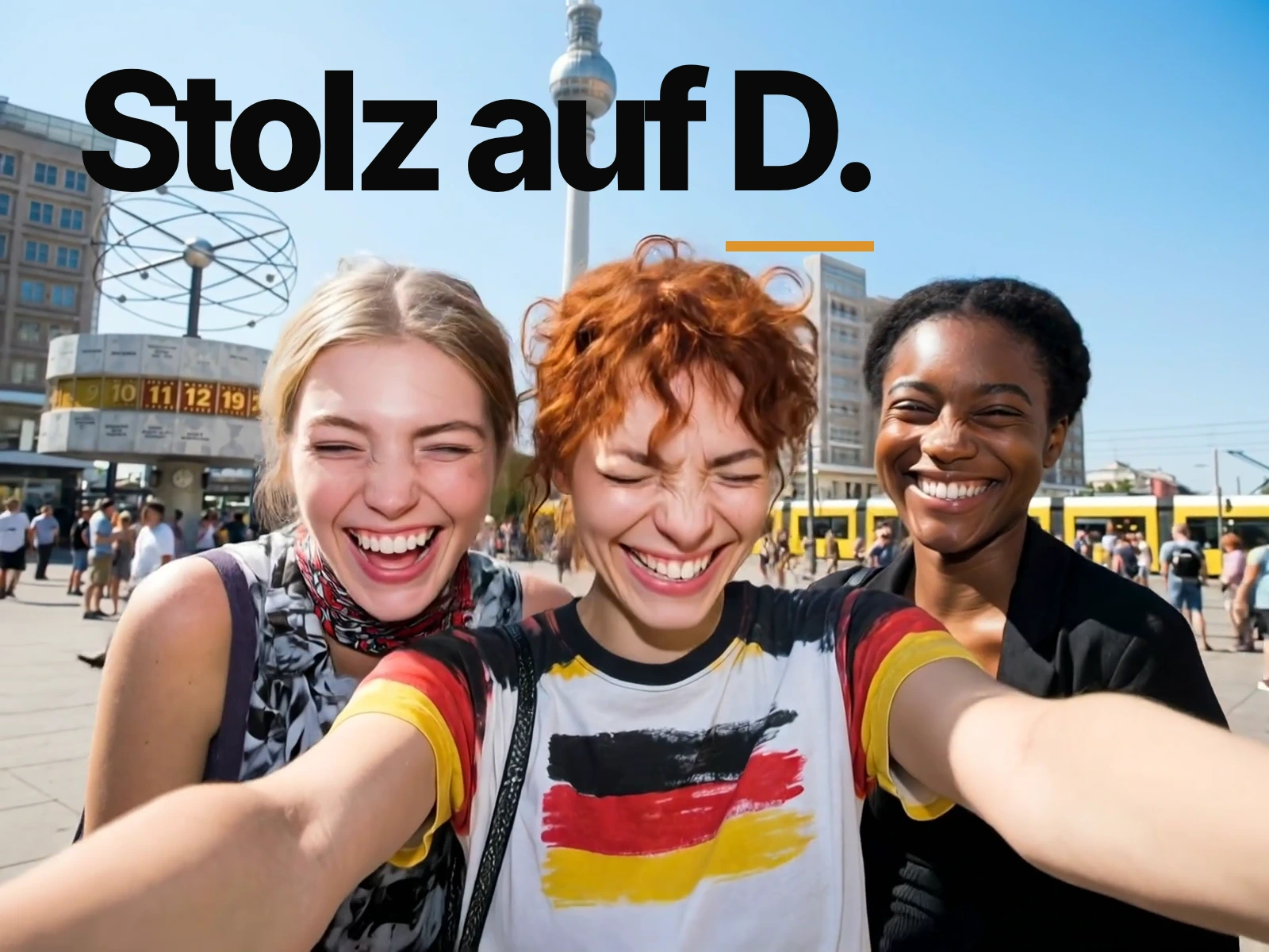 Stolz auf D.: Drei lachende Frauen am Alexanderplatz unter dem großen Kampagnentitel.